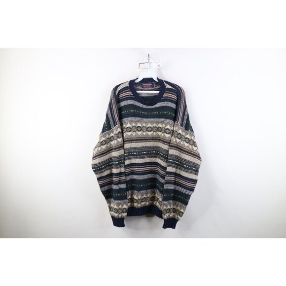 Vintage 90s Streetwear Mens Large Rainbow Fair Isle Knit Crewneck Sweater USA